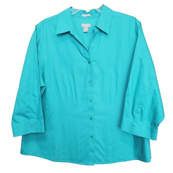 Chico's Wrinkle Resistant 100% Cotton Turquoise 3/4 Sleeve Button-Up Shirt XL - Picture 1 of 5